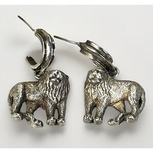 Vintage Sterling Silver 3D Male Lion 925 Post Drop Dangle Earrings 16.7g- Signed